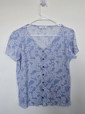 🔥[5/35$]MyStyle Blue Ribbed V-Neck Button Down Short Sleeve Shirt Top XL Casual
